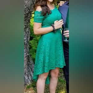 Emerald green off the shoulder high low fit and flare dress